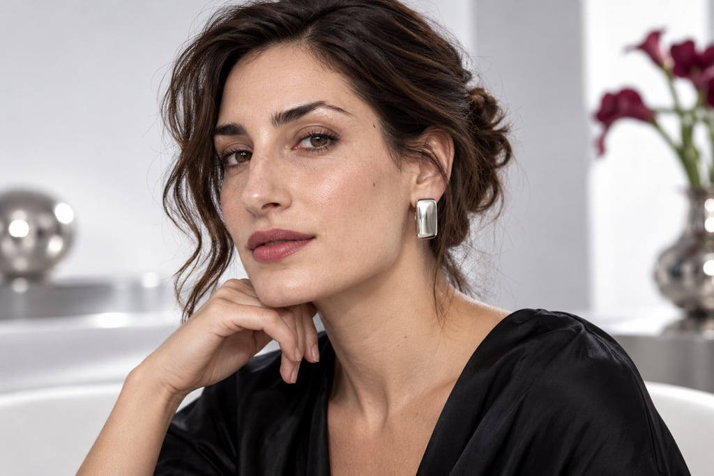 Three-quarter portrait of a woman with a visible jaw contour and rectangular silver earring