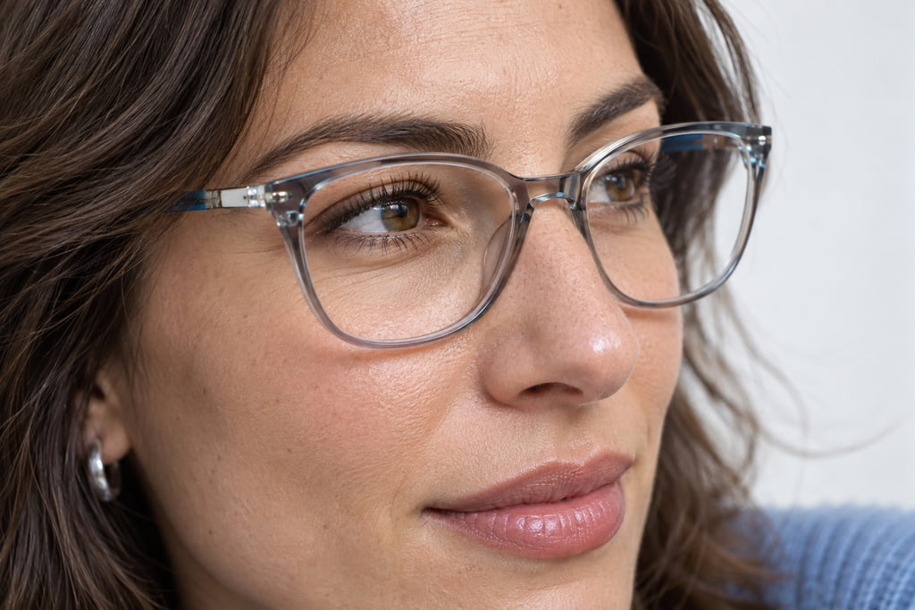 Close view of a translucent acetate frame bridge resting on a woman's nose