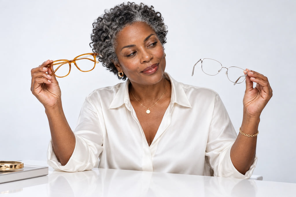 Woman with short silver curls holding an amber eyeglass frame and a silver frame