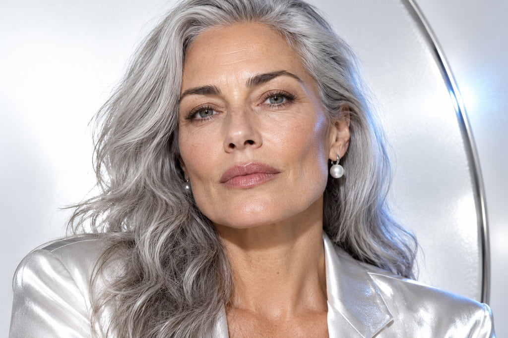 Silver-haired woman photographed frontally with her face outline visible