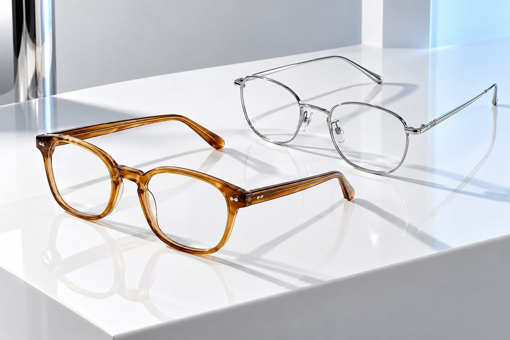Amber acetate and silver metal eyeglass frames on a white shelf