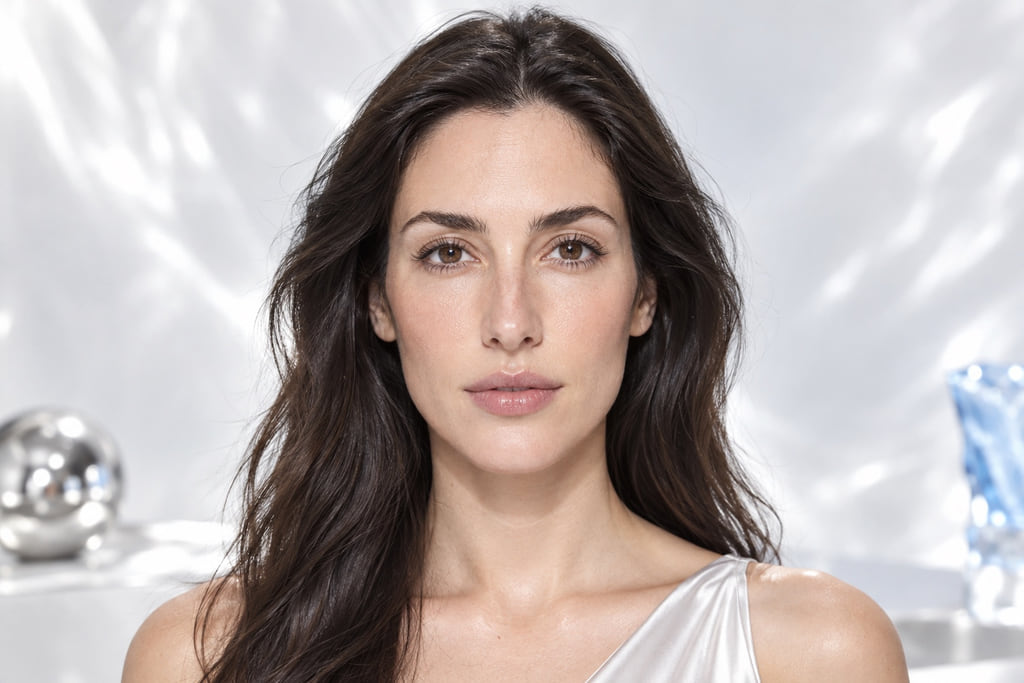 Frontal portrait of a dark-haired woman with her full forehead and chin visible
