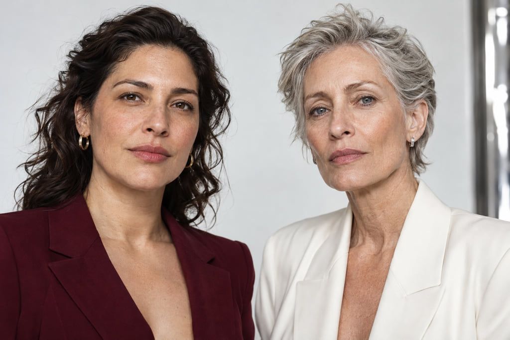 Two women photographed at a similar scale, one with a softly curved lower outline and one with more angular jaw corners
