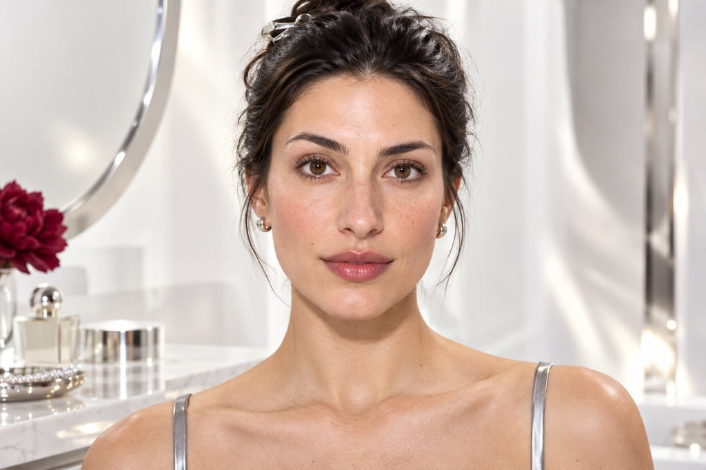 Front-facing woman with her hair held back and her forehead, cheeks, jaw and chin visible