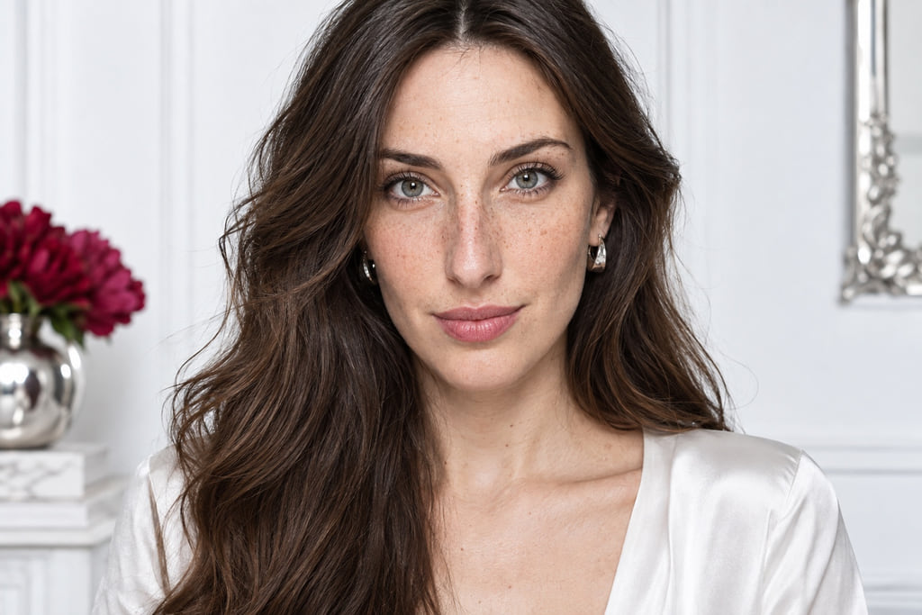 Frontal portrait of a freckled woman with long dark hair and silver earrings