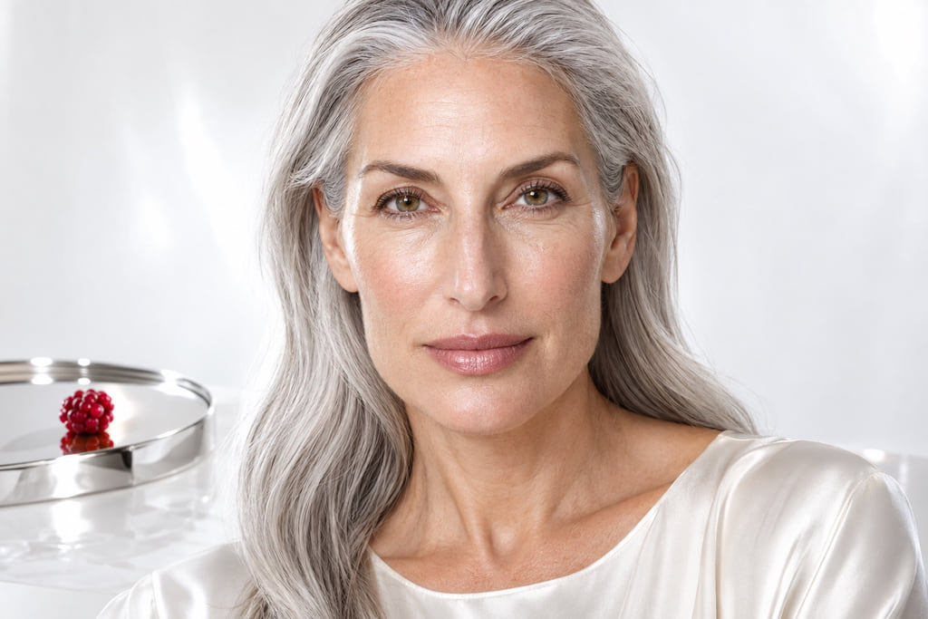 Frontal portrait of a silver-haired woman with her hair tucked behind her ears