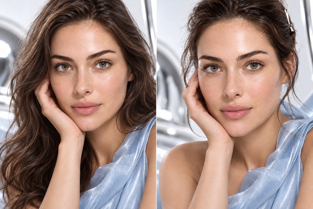 Two matched frontal portraits of the same woman, with hair loose on the left and pinned back on the right