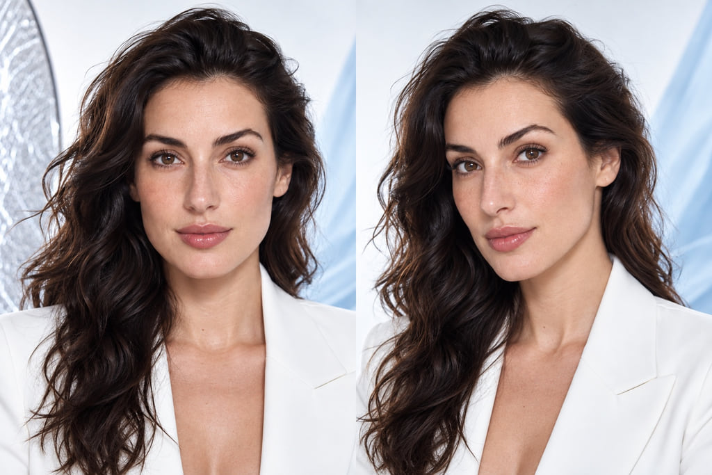 Front and slight three-quarter portraits of the same woman in a white studio