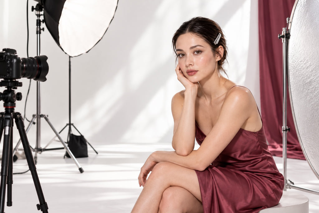 Woman in a berry dress seated beside a studio camera and silver reflector