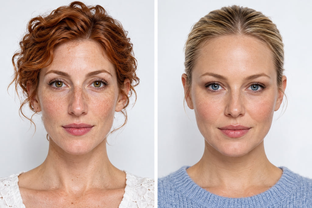 Two different women in separate front-facing portraits at a similar scale