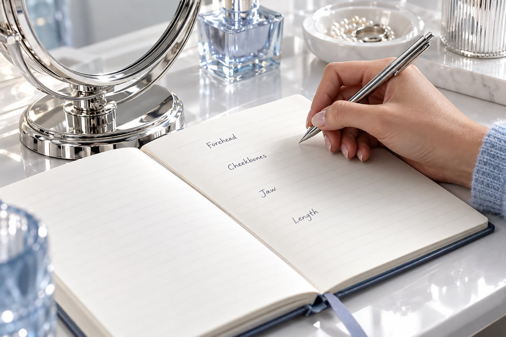 Hand writing forehead, cheekbones, jaw and length headings in a notebook beside a mirror