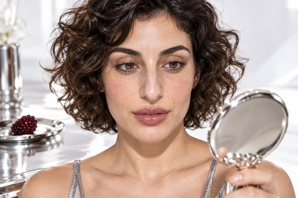Woman with short curls looking into a silver hand mirror, with her forehead and jaw visible