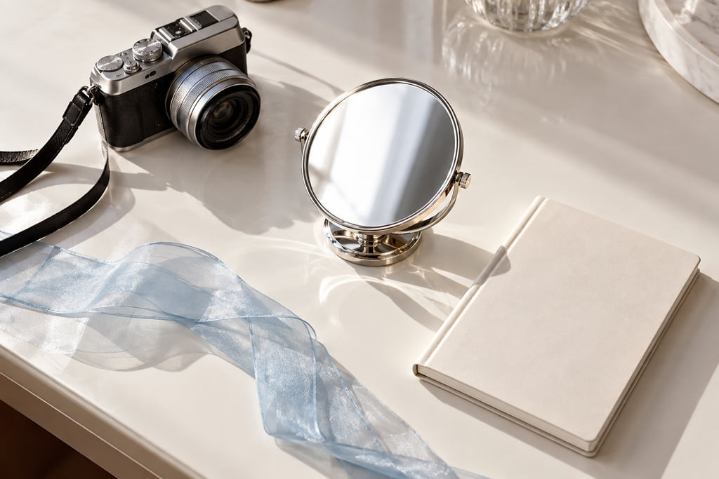 Camera, closed notebook and silver tabletop mirror in a white studio