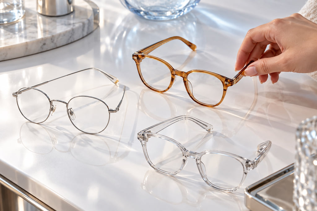 A hand selects amber glasses beside silver and clear frames on a white surface
