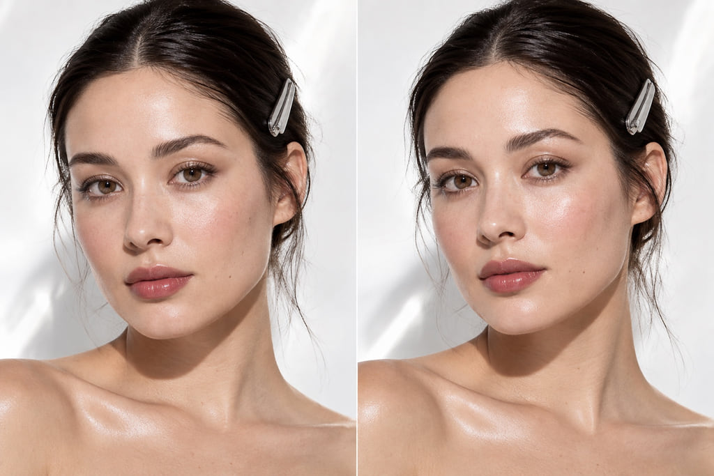 Two adjacent portraits of the same woman with her hair clipped back