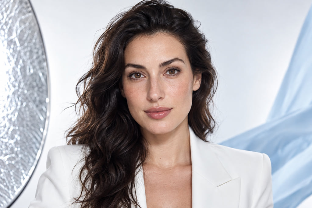 Front-facing woman with a broad forehead outline, defined jaw and rounded chin