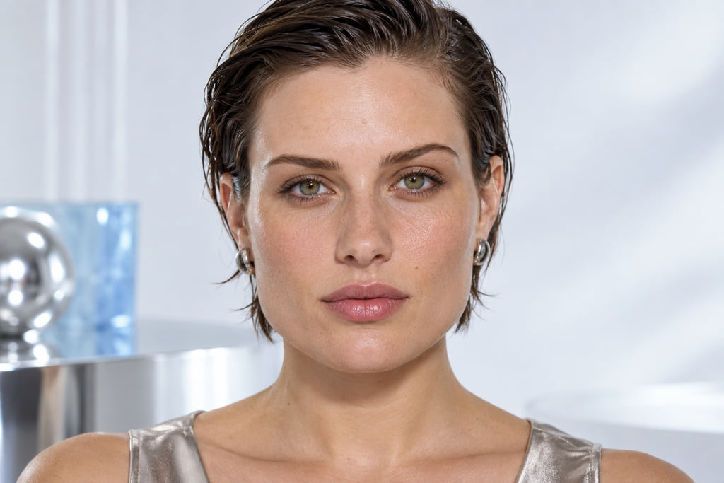 Frontal portrait of a woman with a naturally angular jawline and slicked-back short hair