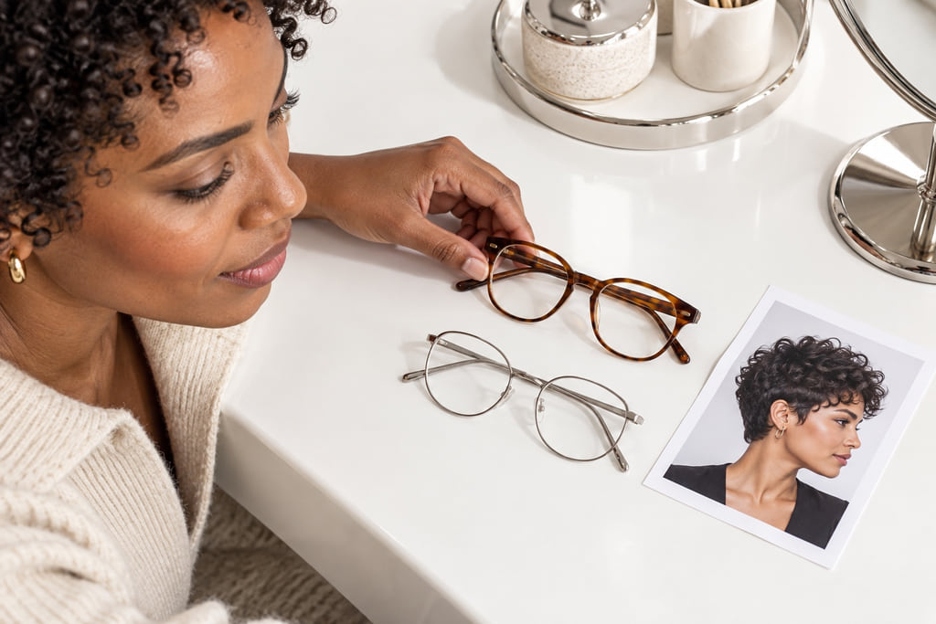 Woman arranging two eyeglass frames beside a haircut print on a white table