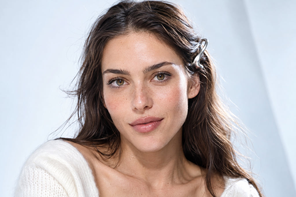 Close portrait of a woman with a silver hair clip holding hair away from her forehead