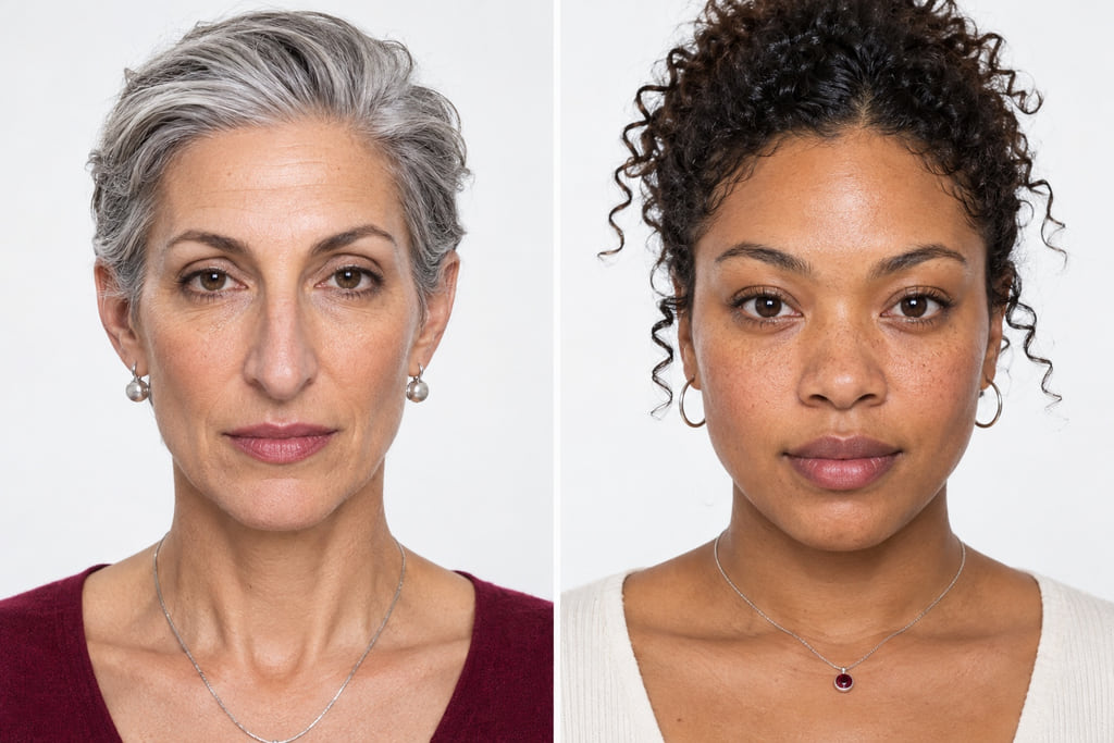 Two different women photographed frontally at a similar scale with their full face outlines visible