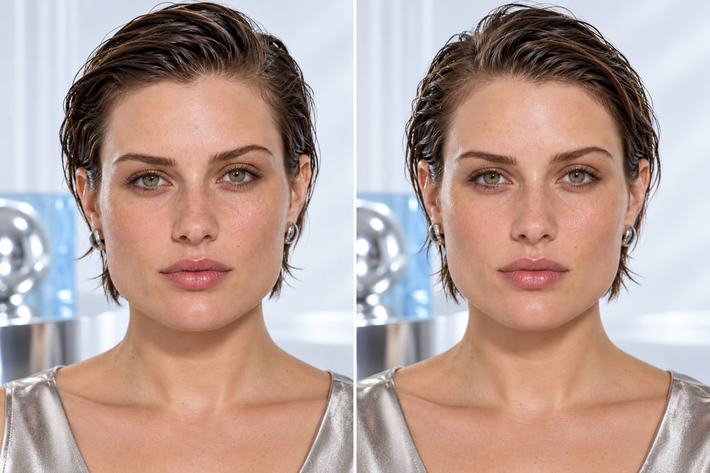 Matched frontal portraits of the same woman with two subtly different hair parts