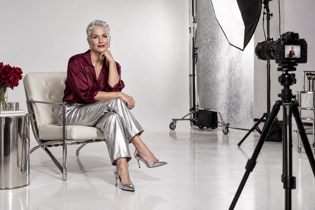 Seated woman facing a camera on a tripod in a white portrait studio