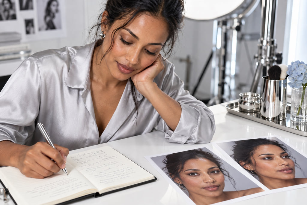 Woman writing in a notebook beside two printed portraits