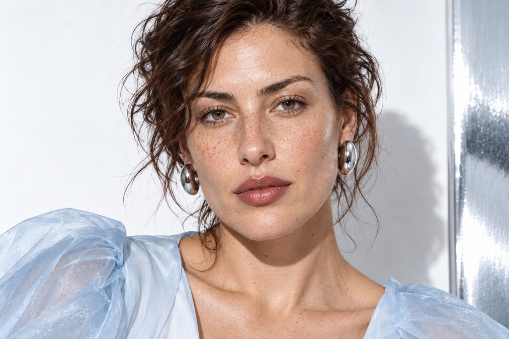 Frontal portrait of a woman with a softly curved jawline and her full hairline and chin visible