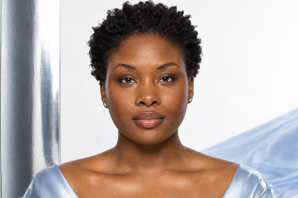 Front-facing woman with short coils and a visible forehead, cheekbones, jaw, and chin