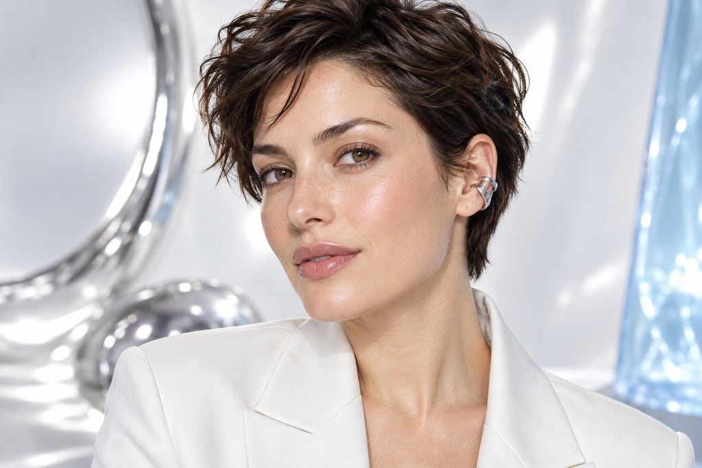 Three-quarter portrait of a short-haired woman wearing a silver ear cuff
