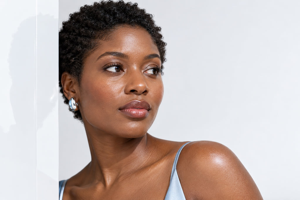 Woman with short coils looking past a white lacquer panel