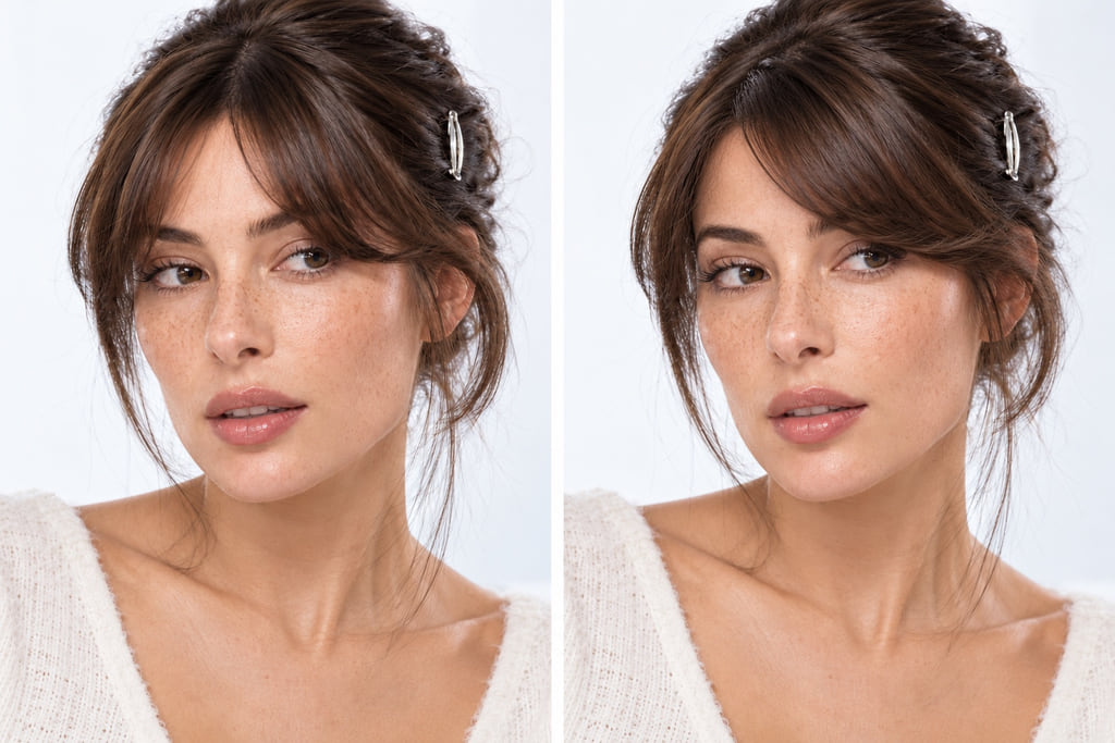 Paired portraits of the same woman with center-parted and side-swept fringe