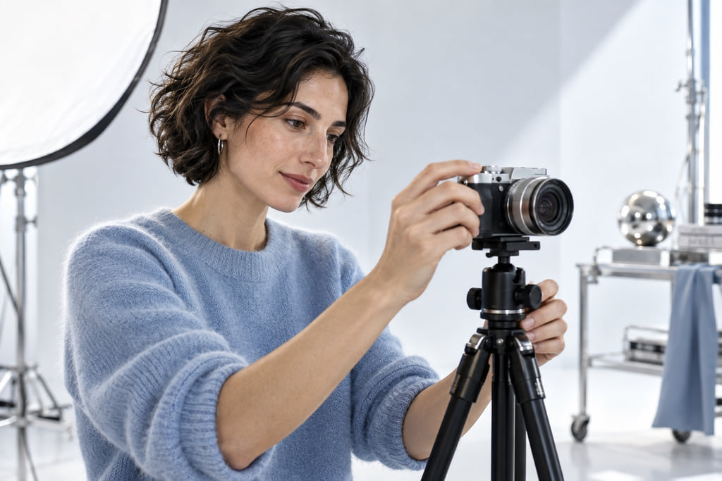 Woman adjusting a camera on an eye-level tripod in a bright studio