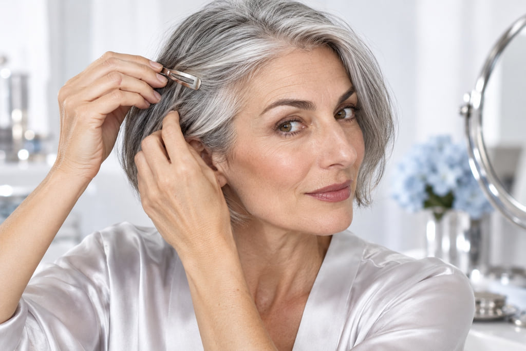 Woman with silver-gray hair adjusting her part with a metal clip