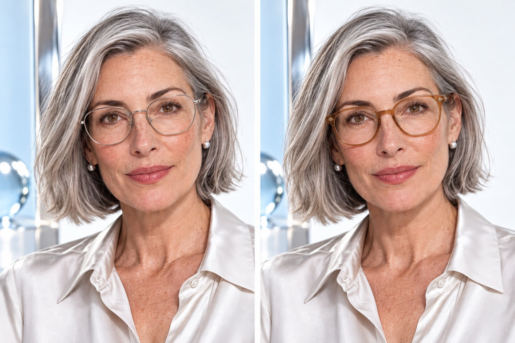 Matched portraits of one woman wearing a fine silver frame and an amber acetate frame