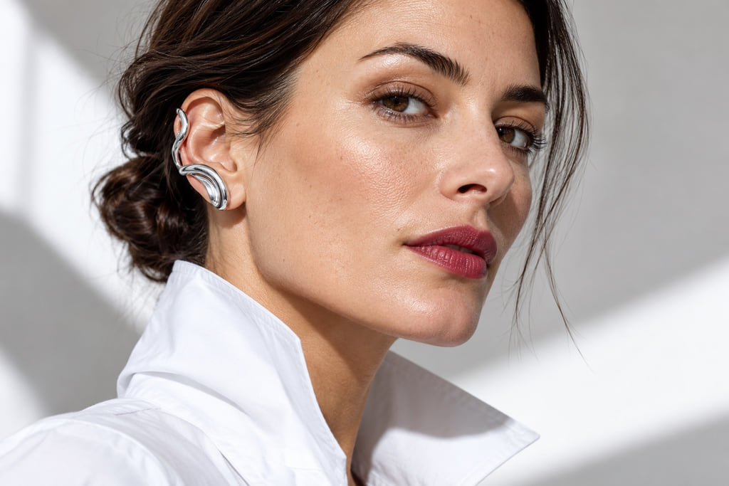 Woman wearing a crisp white collar and sculptural silver ear cuff beside her jaw