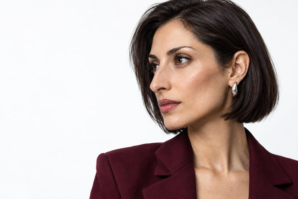 Different woman in a pronounced three-quarter view with a short dark bob and visible cheek and jaw