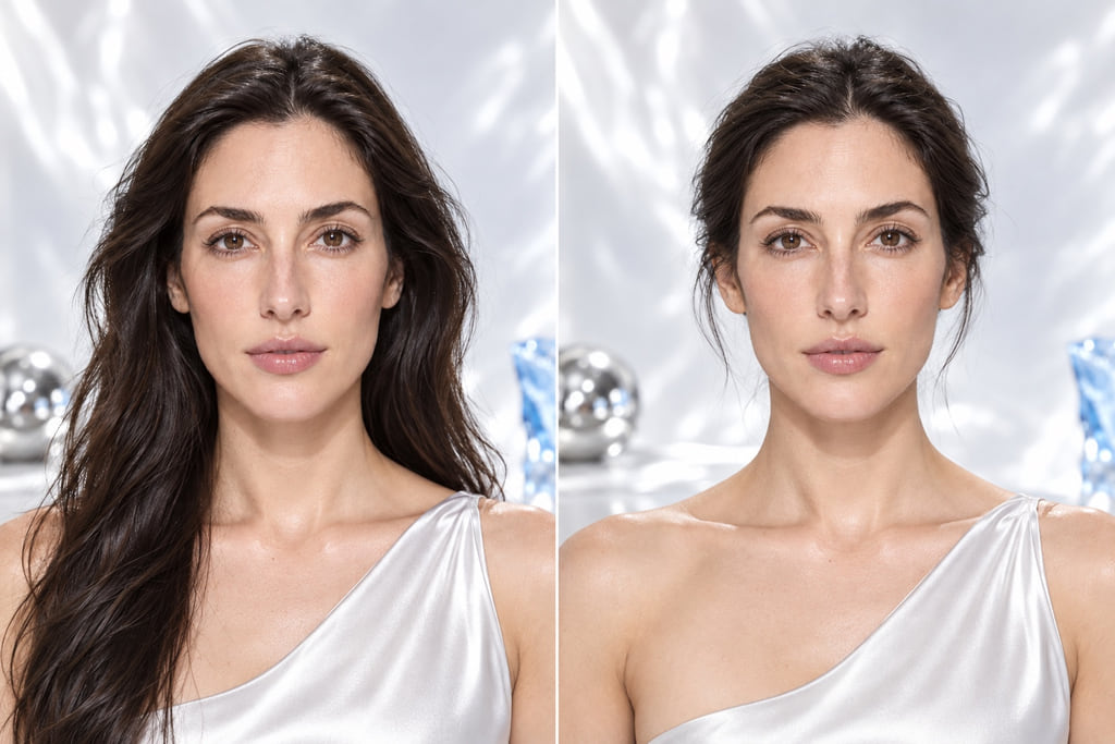 Matched portraits of the same woman with dark hair loose and pinned away
